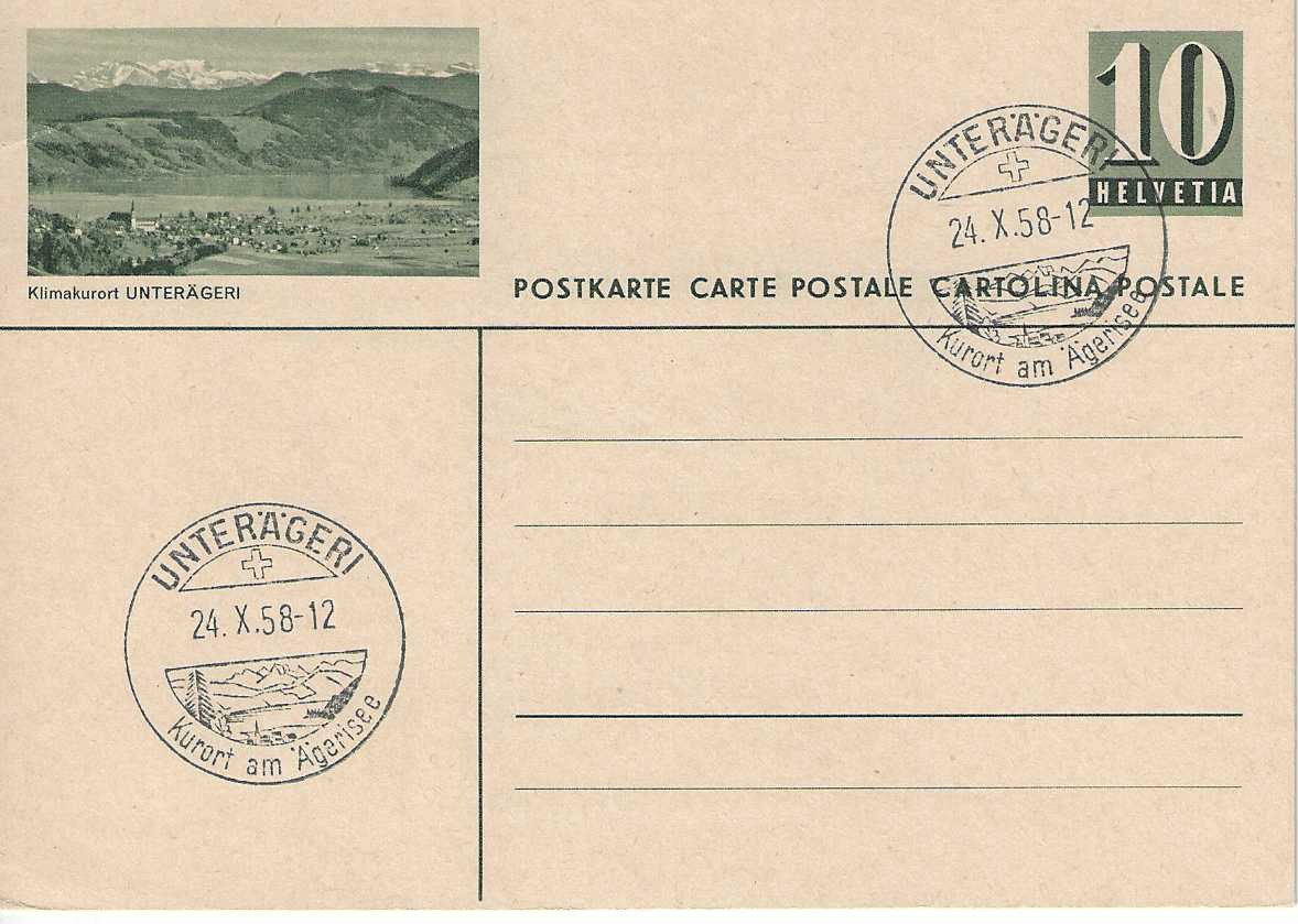 Entier postal UNTERÄGERI, 1958,  cachet "K" du lieu.